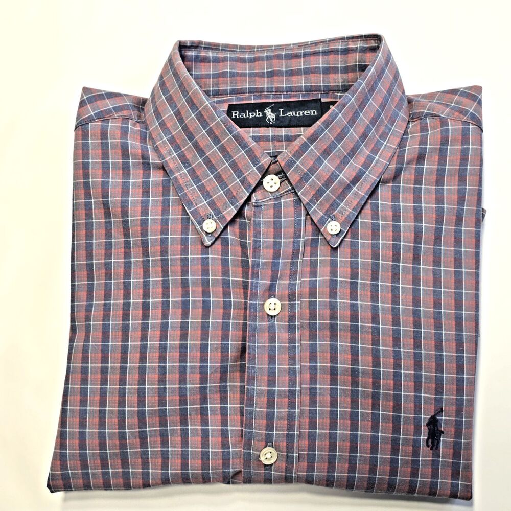 Ralph Lauren Blue Label Shirt Men's M Red White Blue Tartan Cotton Long Sleeve